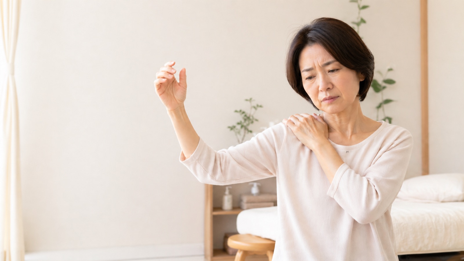 四十肩・五十肩の痛みで肩を押さえる女性のイメージ - 今西健はり・灸院(大阪府八尾市)