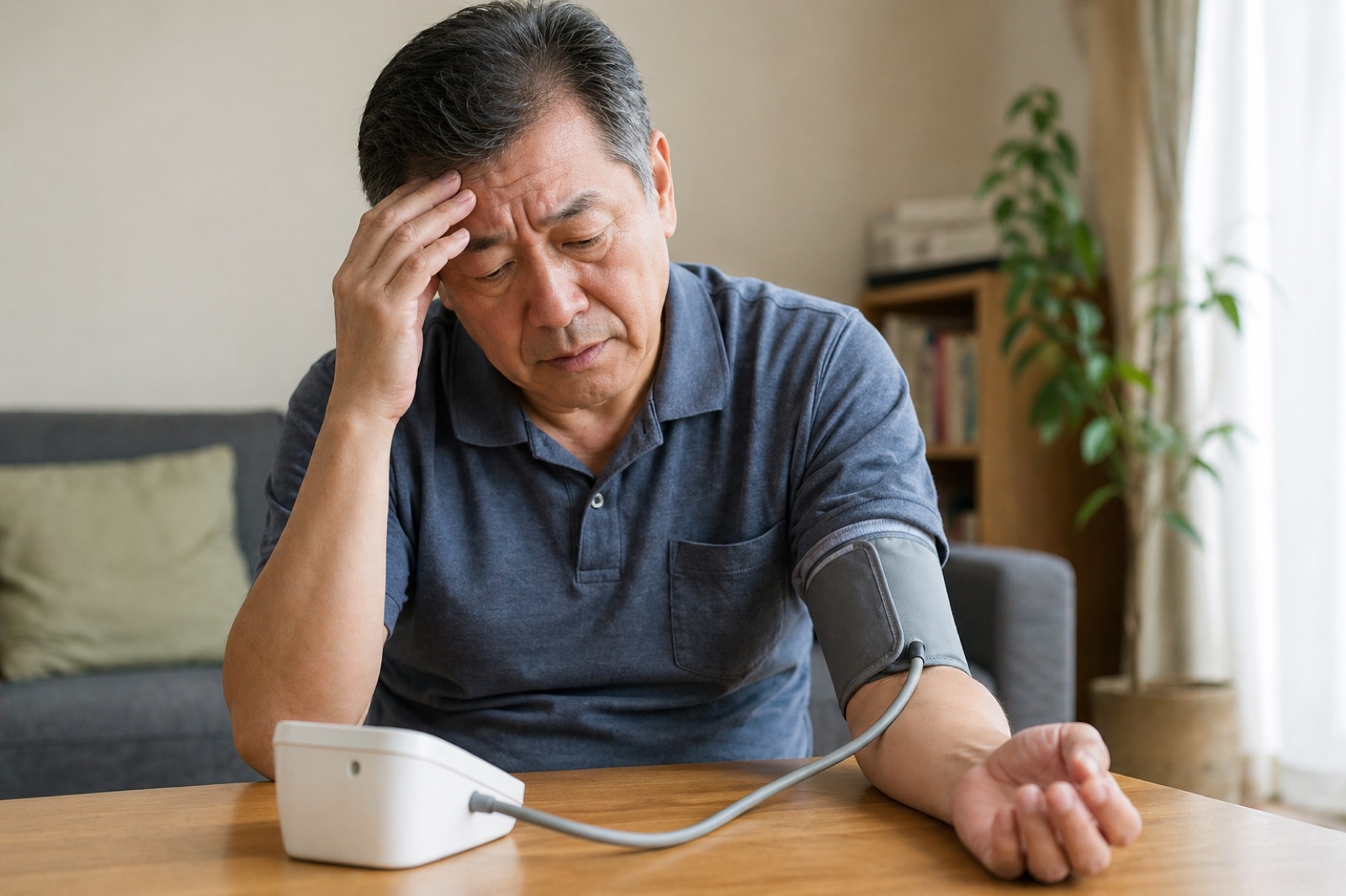 自宅で血圧を測りながら不安を感じている男性のイメージ - 今西健はり・灸院(大阪府八尾市)