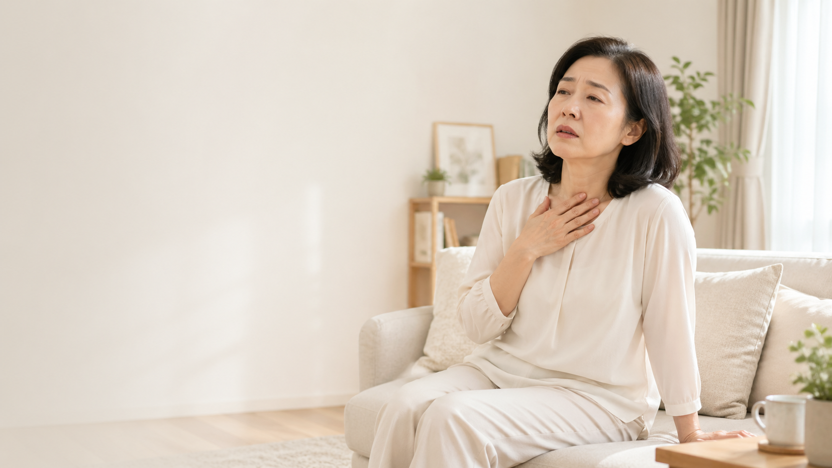 更年期の不調でほてりや動悸を感じ、不安そうに胸元へ手を当てる女性のイメージ - 今西健はり・灸院(大阪府八尾市)